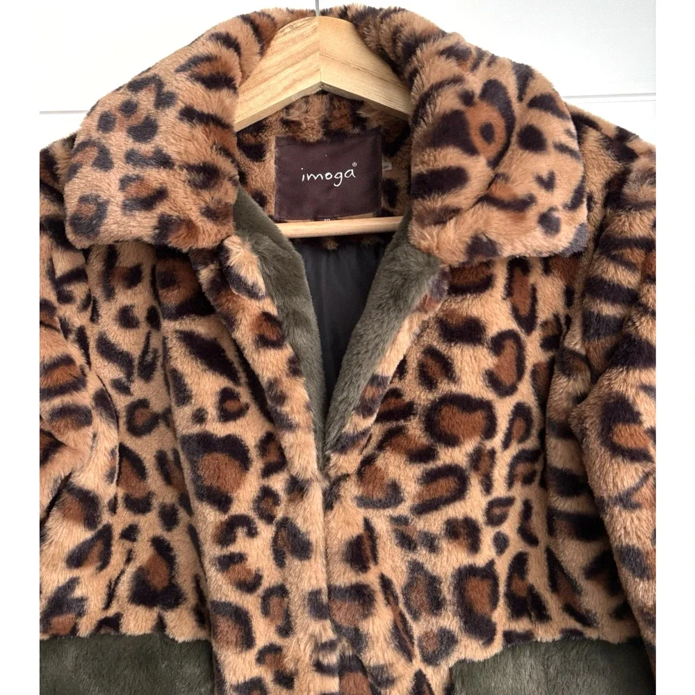IMOGA Emma Leopard Faux Fur Coat Girls Size 10 Animal Print Jacket Red Trim